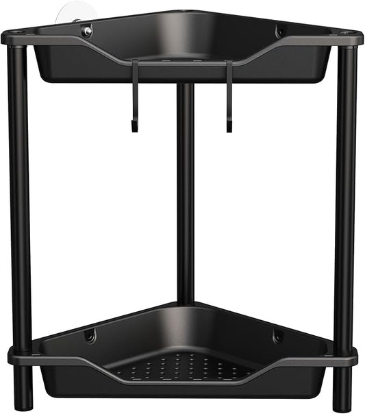 Orimade Rustproof 2 Tier Floor Standing Corner Shower Caddy Organizer, Plastic Metal Splicing Floor Corner Shelf Rack Stands for Bathroom, Black