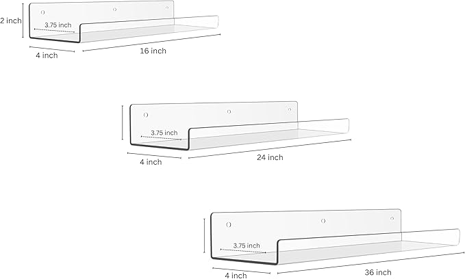 Rebecca Luxurious Acrylic Floating Shelves for Wall - 2 Pack of 36" x 2" x 4" - 5mm Thick Clear Book Shelf for Bathroom, Bedroom, Nursery, Kids Room with Easy Installation Hardware – Cute Bookshelf