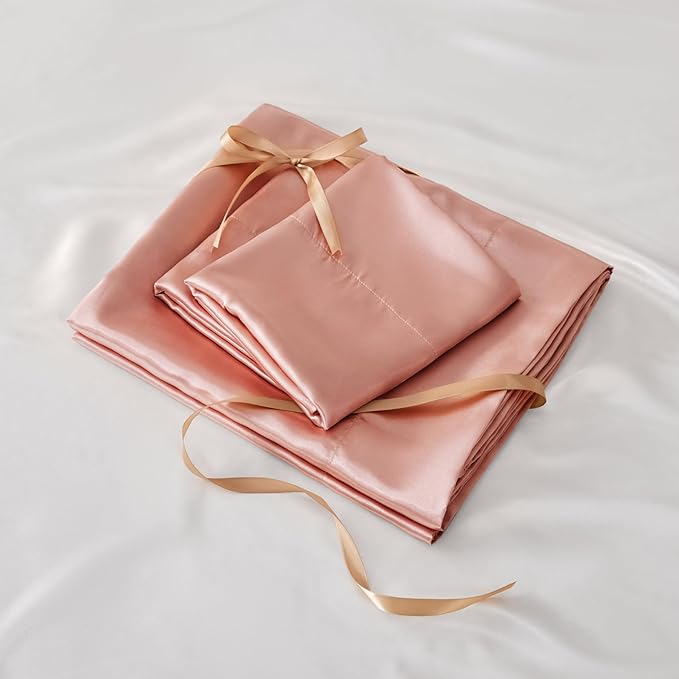 BEDELITE Satin Sheets Twin Size Bed Set, Luxury Soft Rose Pink Silky Sheets for Hair and Skin, Similar to Silk Bed Sheets Set 3 Pieces with 1 Deep Pocket Fitted Sheet, 1 Flat Sheet, and 1 Pillowcase