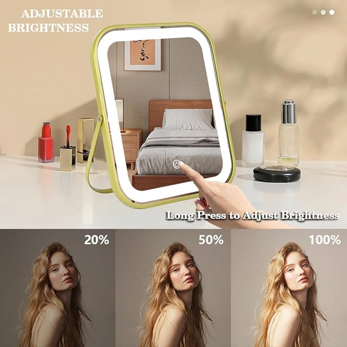 Gold Vanity Mirror with Lights,10"x8" Rechargeable LED Lighted Makeup Mirror, Large Makeup Mirror with Lights, Touch Screen with 3-Color Lighting, Dimmable, for Vanity Desk Tabletop, Bedroom