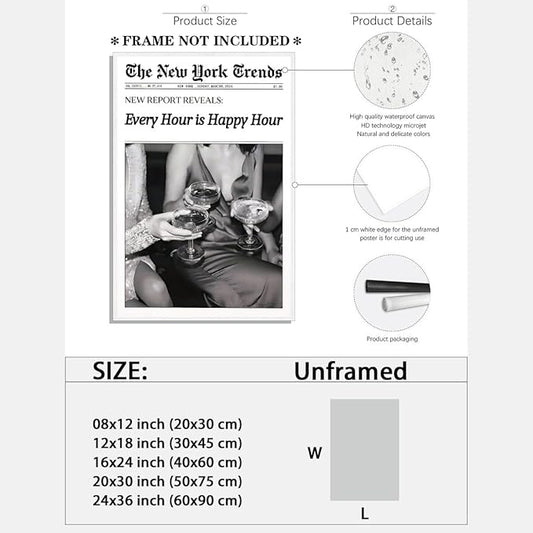Retro New York Trends Wall Art Black and White Newspaper Poster Every Hour Is Happy Hour Canvas Prints Funky Feminist Posters Trendy Alcohol Wall Decor for Bar Cart Hot Girl Dorm Room Decorative 16x24inch Unframed