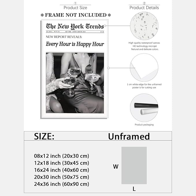 Retro New York Trends Wall Art Black and White Newspaper Poster Every Hour Is Happy Hour Canvas Prints Funky Feminist Posters Trendy Alcohol Wall Decor for Bar Cart Hot Girl Dorm Room Decorative 12x16inch Unframed