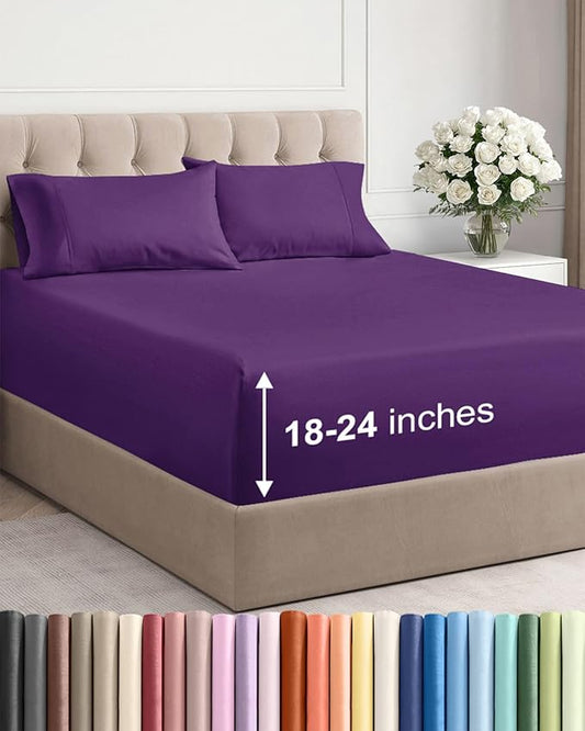 Extra Deep Pocket Queen Sheet Set - 4 Piece Breathable & Cooling Bed Sheets - Hotel Luxury Sheet Set - Ultra Soft, Wrinkle Free & Comfy - Easily Fits Extra Deep Mattresses - Deep Pocket Purple Sheets
