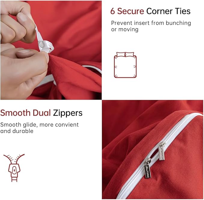 JELLYMONI Red Duvet Cover King Size - 100% Washed Cotton Linen Like Textured Comforter Cover, 3 Pieces Breathable Soft Bedding Set with Zipper Closure (Red, King 104"x90")