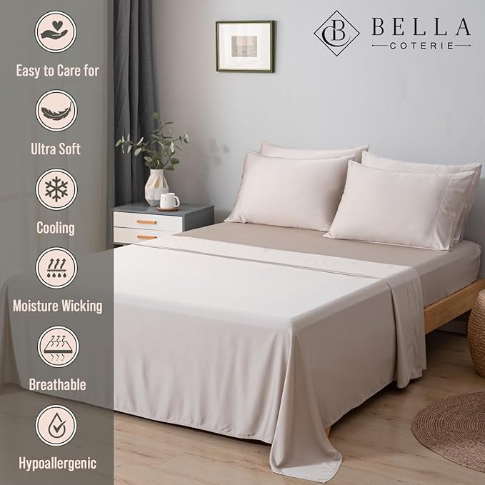 Bella Coterie 6 Piece Luxury Bamboo Viscose Queen Size Sheet Set | 100% Organically Grown | Cooling for Hot Sleepers | 18" Deep Pocket | Soft & Hypoallergenic | 4 Pillowcases [Dune]