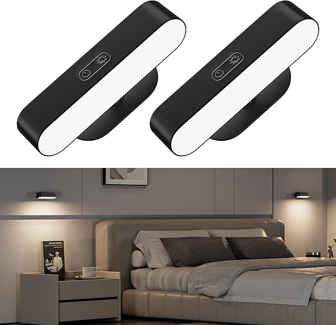 Wireless Battery Operated Wall Sconces for Bedroom, LED Rechargeable Wall Sconce Set of Two for Living Room, Stick on Wall Mounted Lamp for Reading, 2 Pack