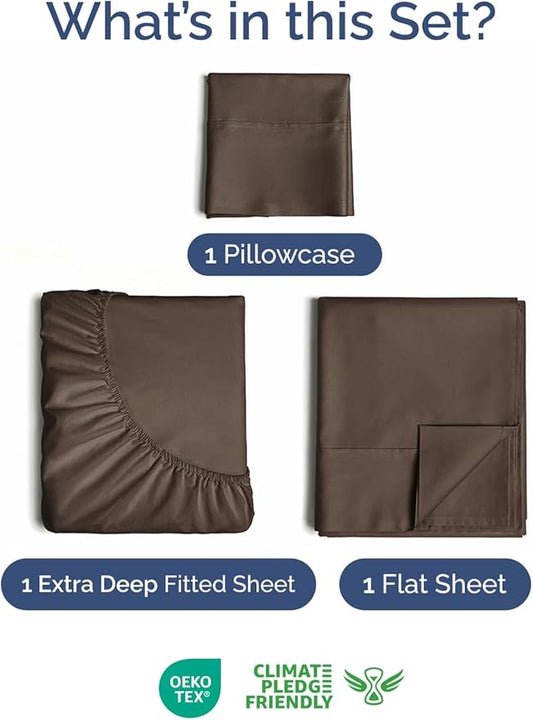 Extra Deep Pocket Twin Sheets - 3 Piece Breathable & Cooling Bed Sheets - Hotel Luxury Bed Sheet Set - Soft, Wrinkle Free & Comfy - Easily Fits Extra Deep Mattresses - Deep Pocket Brown Sheets Set