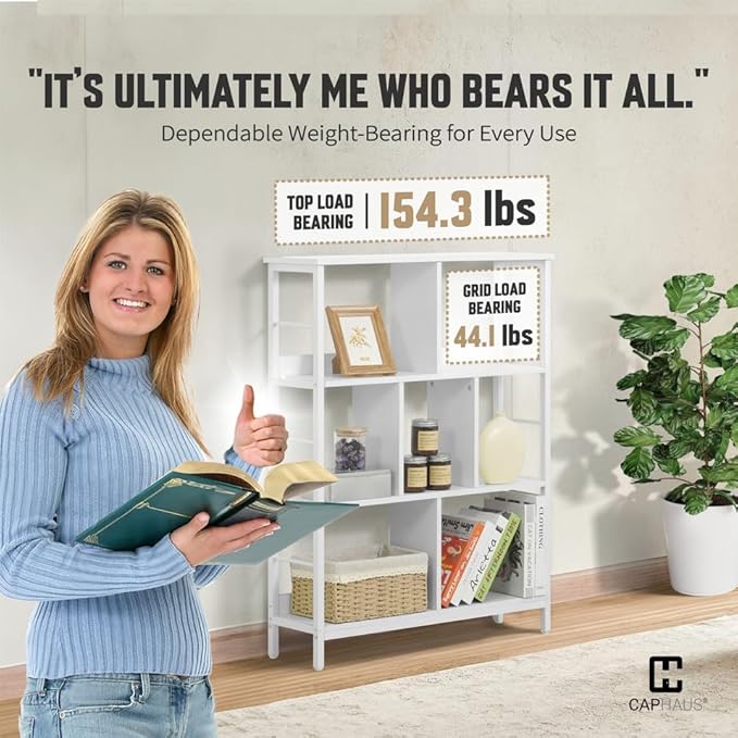 CAPHAUS 7 Cube Storage Organizer, 32” Wide 3 Tier White Industrial Open Shelf Bookcase, Display Shelf, Horizontal Bookshelf with Metal Frame, Wooden Board, for Living Room, Bedroom, Office