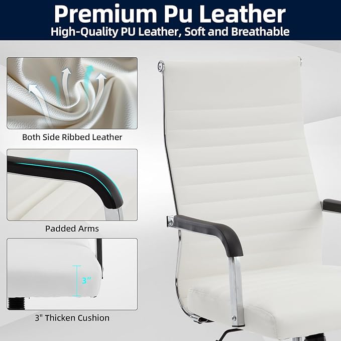 Office Chair, Ergonomic Executive Conference Room Chairs, Ribbed Leather Desk Chair with Lumbar Support, Adjustable Height Mid-Back Swivel Chair (Square Tube Armrests, White)