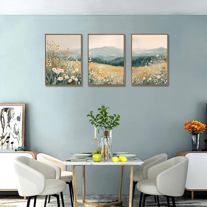 KISSFOX 3 Piece Framed Wall Art Floral Wall Decor Landscape Pictures Mountain Canvas Art Daisy Wildflower Paintings Modern Farmhouse Artwork For Bedroom Bathroom Living Room