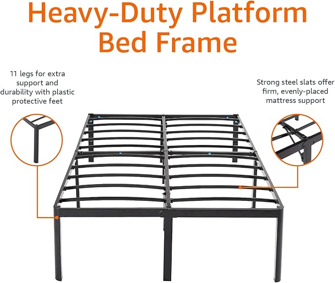 Amazon Basics Heavy Duty Non-Slip Bed Frame with Steel Slats, Easy Assembly - 18" H, (Full), Black