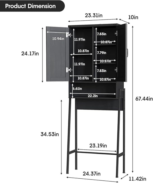 Over The Toilet Storage Cabinet with 2-Door Design Bathroom Organizers and Storage with Anti-Tip Device Over Toilet Organizer with Shelves for Bathroom,Restroom,Laundry Black