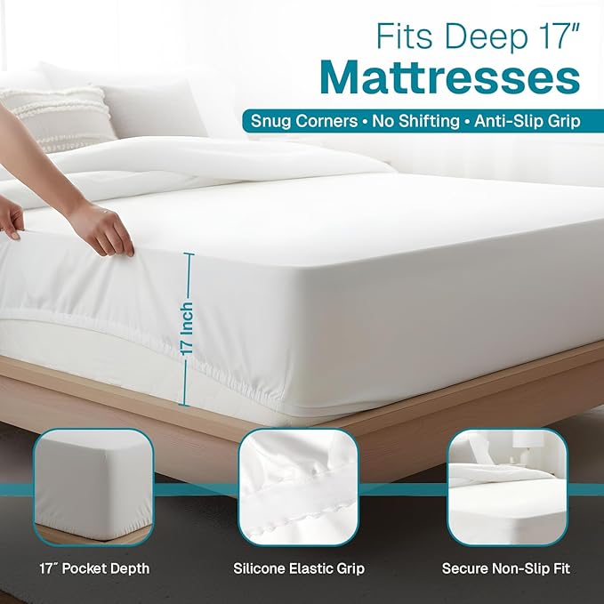 FABDREAMS Organic Waterproof Mattress Protector Full Size | Mattress Cover | Mattress Encasement | Fits up to 17" Deep Pocket | Temperature Regulating | Breathable | White
