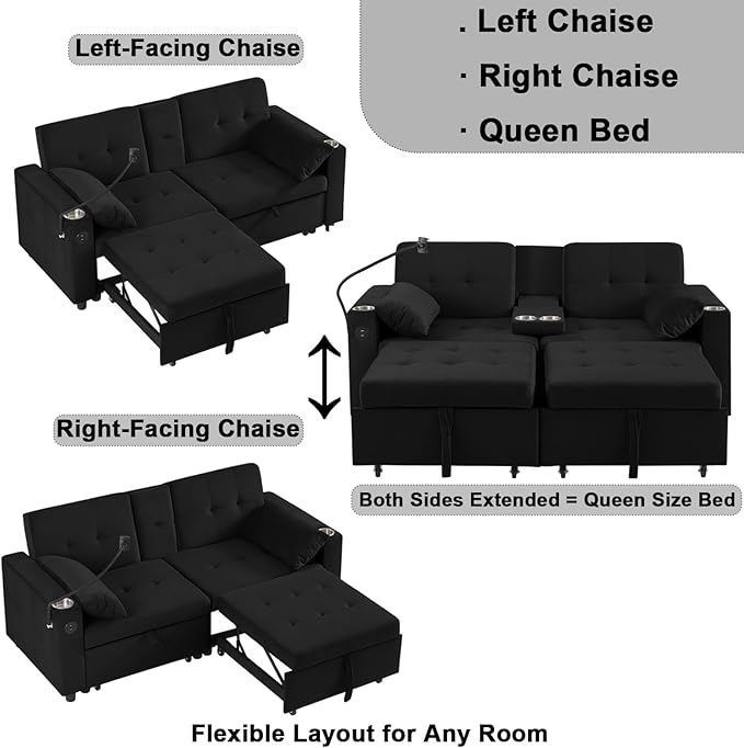 70" Queen Size Sofa Bed for Living Room – Pull-Out Sleeper Sofa Couch with Cup Holder, Phone Holder, USB Charging Port, Solid Wood Frame, Easy Assembly, Space-Saving Design for Small Apartments