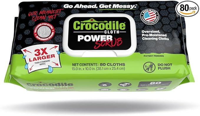 Crocodile Cloth PowerSCRUB Cleaning Wipes – 80 (15" x 10") Dual-Surface Cloths, Heavy-Duty, Moist, Absorbent, & Disposable - Safe on Skin & Multiple Surfaces
