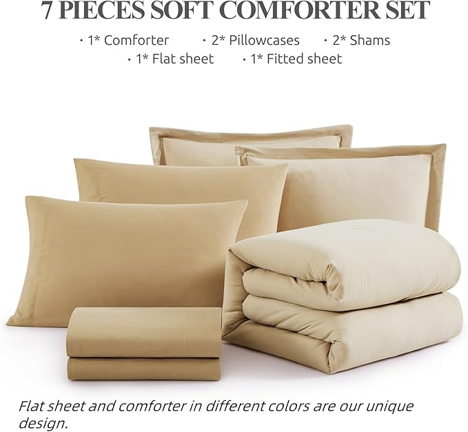 WRENSONGE Queen Comforter Set- 7 Pieces Beige Bed in a Bag Queen with Fitted Sheet, Flat Sheet, 2 Pillow Shams, and 2 Pillowcases- Warm Bed Set for All Season
