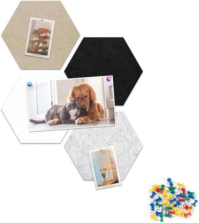 12" Large Bulletin Board with 15 Push Pins, Pack of 4 Hexagon Felt Pin Board Notice Boards for Home Office, Felt Wall Tiles for Photos Memos (Camel Grey)