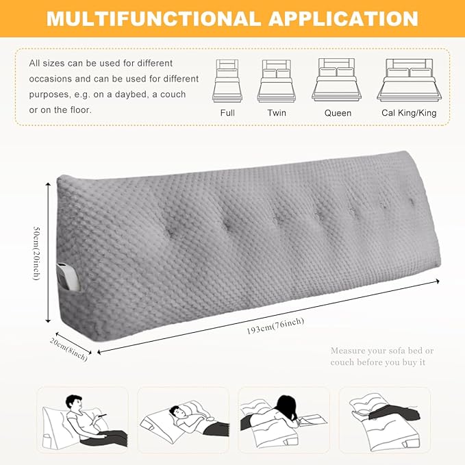 Large Triangular Headboard Wedge Pillow Soft and Supportive Headboard Backrest Positioning Support Bolster Cushion, Bed Wedge Pillow with Removable Cover(Light Gray,King,76x8x20inch)