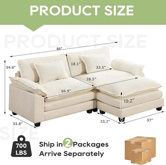 86" Modular Sectional Sofa, Comfy Cloud Couch Sectional Sofa with Ottoman, Chenille Sofa Sleeper Deep Seat Sofa with Throw Pillows for Living Room (Beige White, 86"- L Shape)