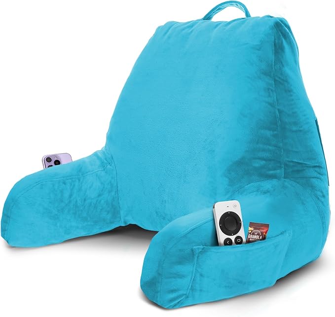 Nestl Reading Pillow with Shredded Memory Foam, Designed for Sitting Up in Bed and Couch, Back and Arms Adjustable Support for Adult & Teens Backrest Pillows for Reading, Washable Cover, Bright Blue
