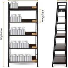 Himimi Industrial Ladder Shelf, Rustic 5 Tier Leaning Bookshelf, Wood Metal Ladder Bookcase, Plant Flower Stand Rack Book Storage Shelves for Living Room, Bedroom, Home Office