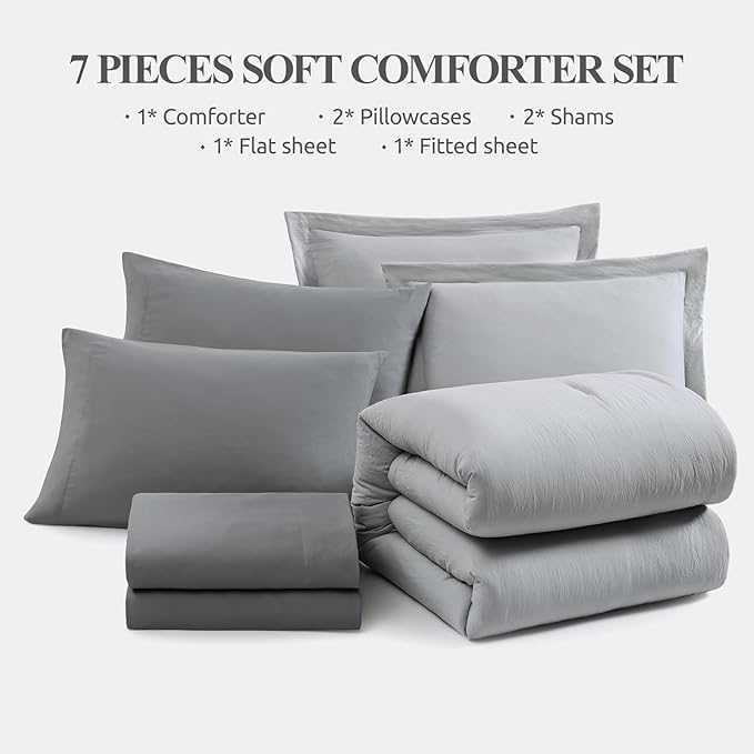 WRENSONGE Full Size Comforter Sets- 7 Pieces Soft Light Grey Bed in a Bag with Fitted Sheet, Flat Sheet, 2 Pillow Shams, 2 Pillowcases, Warm Bedding Sets for All Season