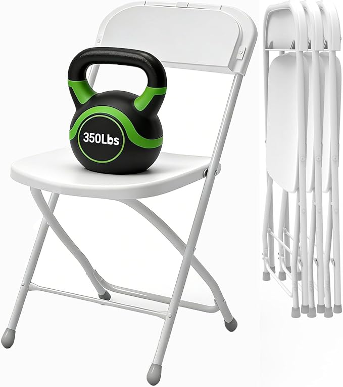 SHGJ&SOFT 4 Pack Folding Chairs, 350LBS Sturdy Metal Steel Frame Foldable Chairs, Heavy Duty Plastic Commercial Seating for Indoor, Outdoor, Party, Wedding, Patio, Office, Picnic (White, 4-Pack)