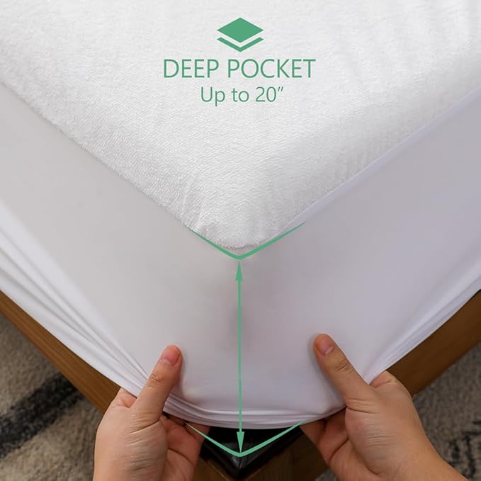 Queen Size Waterproof Mattress Cover, Premium Terry Top Mattress Cover, Breathable, Noiseless, Cooing & Machine-Washable Bed Cover with 21" Deep Pocket