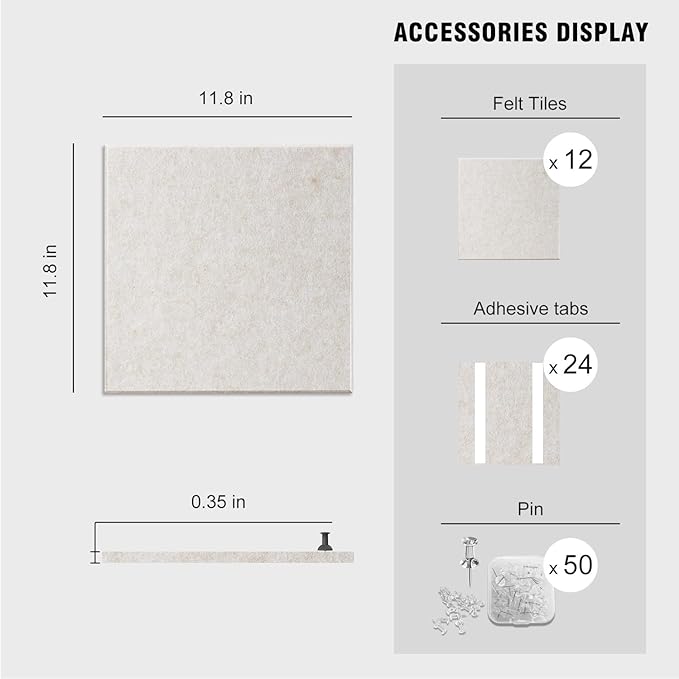 TSJOFFICE Large Cork Board for Wall - 48" x 36" Bulletin Board with 50 Pushpins for Office Decor, Pin Board 12 Pack Felt Wall Tiles with Safe Removable Adhesive Tabs, Corkboard for Home - Warm White