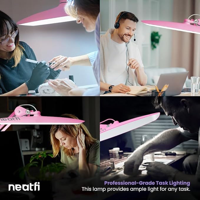Neatfi XL 2,200 Lumens LED Desk Lamp with Clamp, 24 Watt Bright Architect Task Lamp, 20 Inches Dimmable Computer Light, Adjustable Desk Light for Home, Office, Crafts, Nails & Hobbies (Non-CCT, Pink)