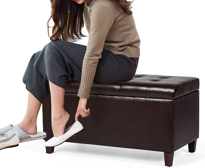 Joveco Storage Ottoman Bench, 33 Inches Faux Leather Rectangle Tufted Foot Stool for End Foot of Bed, Bedroom, Living Room, Brown