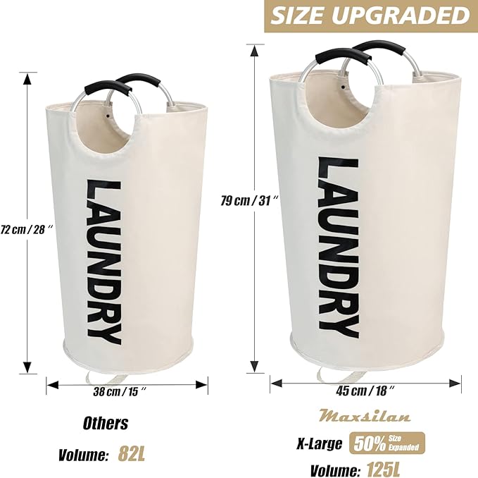 125L X-Large Laundry Basket, Freestanding Tall Clothes Hamper, Collapsible Laundry Bag, Beige