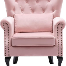 Mid Century Accent Chair for Living Room, Velvet Button Tufted Armchair Wingback Club Chair Single Sofa Lounge Chair with Pillow for Reception/Bedroom, Pink