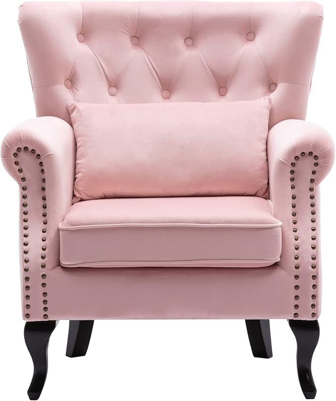 Mid Century Accent Chair for Living Room, Velvet Button Tufted Armchair Wingback Club Chair Single Sofa Lounge Chair with Pillow for Reception/Bedroom, Pink