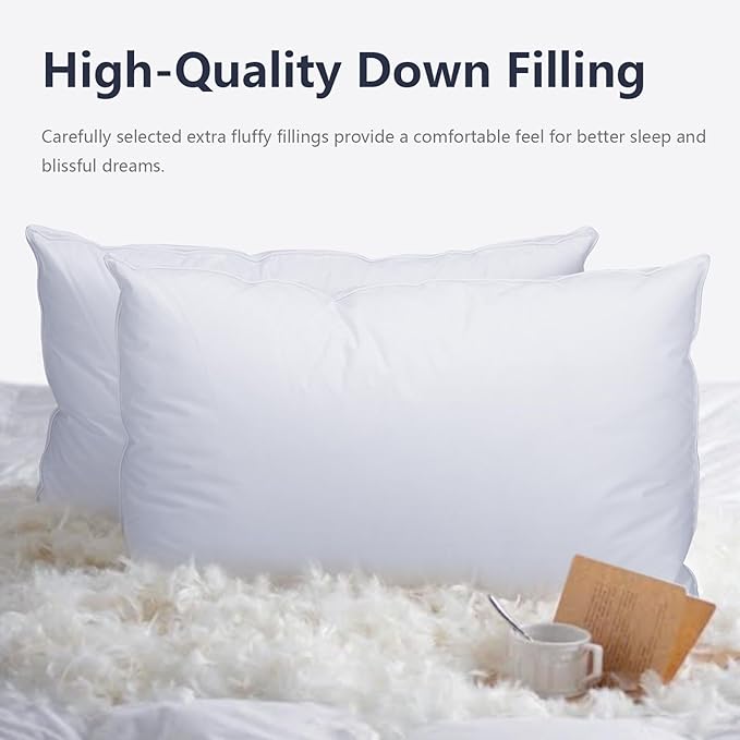 Queen Size Goose Down Pillow - Single Bed Pillow, Hypoallergenic Down and Feather Blend 500 Fill Power, 100% Cotton Cover, Medium Firm Support