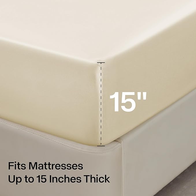 BEDELITE Satin Sheets Full Size Bed Set, Luxury Soft Beige Silky Sheet for Hair and Skin, Similar to Silk Bed Sheets Set 4 Pieces with 1 Deep Pocket Fitted Sheet, 1 Flat Sheet, and 2 Pillowcases