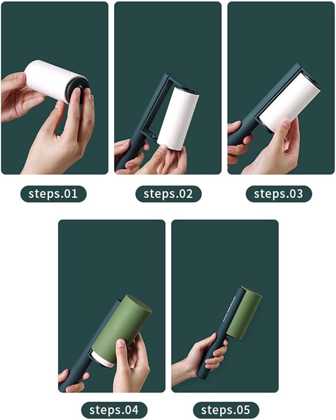 Sticky Lint & Pet Hair Remover Roller - 4 Adhesive Sheets Included (3 Refills) for Clothes, Furniture & Cars | Anti-Slip Handle, Dust-Proof Cover (Green)