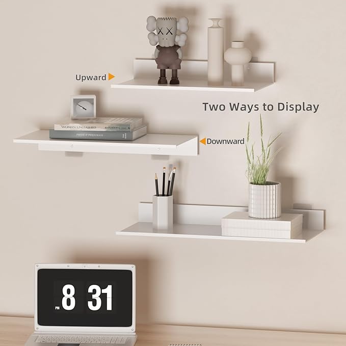 White Floating Wall Shelves for Bedroom, Modern Bathroom Shelves Wall Mounted No Drilling Set of 3, Metal Small Decor Floating Shelf for Living Room Office
