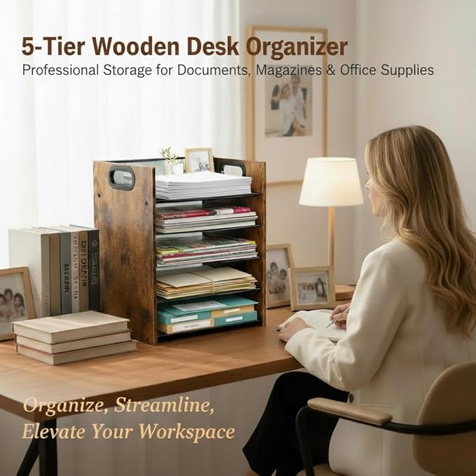 Wood Desk Organizer - 5-Tier Desktop File Organizer, Wooden Paper Tray, Office Desk Organzier and Accessories for Papers, Mail, Notebooks, Stationery