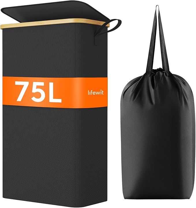 Lifewit 75L Slim Laundry Hamper with Lid, Narrow Laundry Basket with Removable Bag & Bamboo Handles, Fodable Thin Dirty Clothes Hamper for Laundry Collapsible Bin for Bathroom Bedroom Dorm, Black