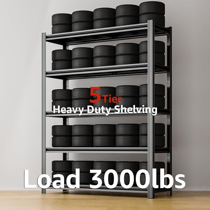 48" W Father&I Industrial Heavy-Dudy Garage Shelving Units/Systems: Metal 5-Tier Storage Shelves Adjustable for Basement/Closet/Tote/Kitchen/Pantry Organization, 84" H*48W *24" D, Black