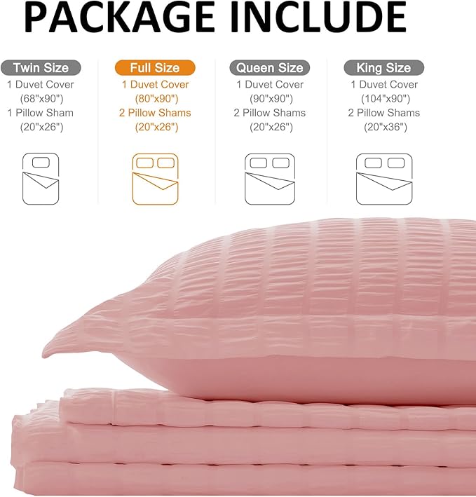 Cozyide Pink Duvet Cover Full Size, 3 Pieces Bedding Duvet Covers, Soft Breathable Seersucker Duvet Cover Set with Zipper Closure and Corner Ties (1 Duvet Cover 80"x90" + 2 Pillow Shams 20"x26")