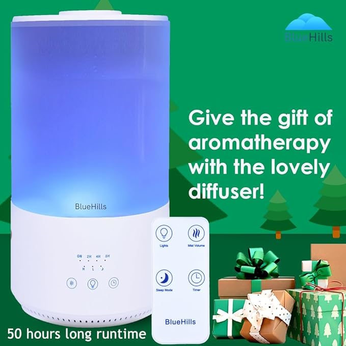 BlueHills Premium 4000 ml Tall Essential Oil Diffuser 4L 4 Liter 50 Hour Run with Remote Timer Aroma Humidifier 1 Gallon Big Capacity High Mist Output for Large Room Huge Size Mood Lights White T401