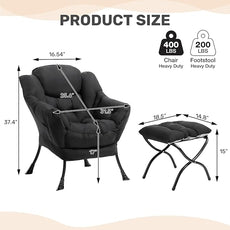 HollyHOME Lazy Chair with Foldable Ottoman, Accent Comfy Lounge Armchair and Folding Footrest Stool, Leisure Sofa Reading Chair and Footstool for Living Room, Bedroom, Dorm,Peachskin Fabric Black