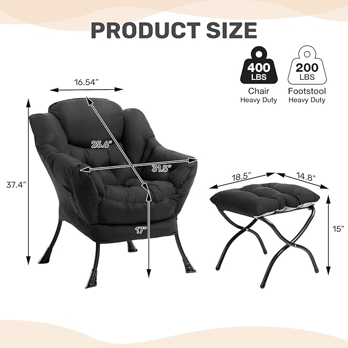 HollyHOME Lazy Chair with Foldable Ottoman, Accent Comfy Lounge Armchair and Folding Footrest Stool, Leisure Sofa Reading Chair and Footstool for Living Room, Bedroom, Dorm,Peachskin Fabric Black
