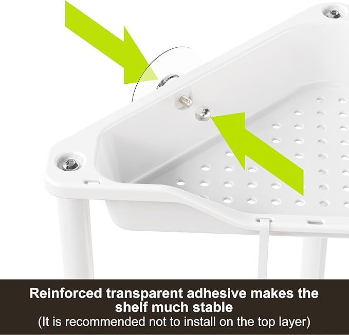 Orimade Rustproof 2 Tier Floor Standing Corner Shower Caddy Organizer, Plastic Metal Splicing Floor Corner Shelf Rack Stands for Bathroom, White