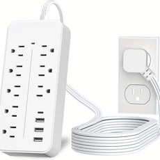 5FT Surge Protector Flat Extension Cord, ETL Listed Flat Plug Power Strip, 8 AC Outlets, 4 USB Charger(1 USB C Port),1700 Joules Protection, Office Supplies, Dorm Room Essentials White