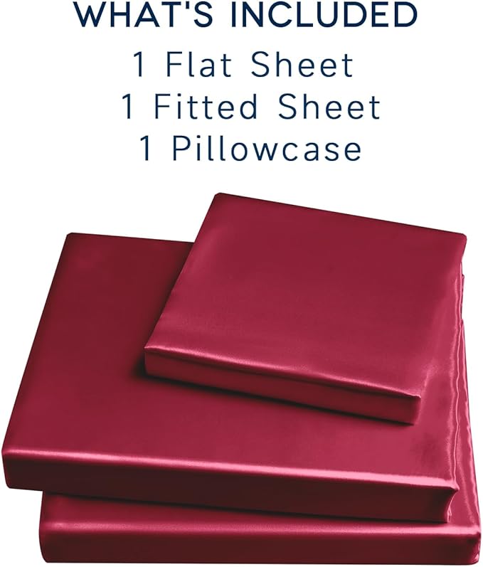Satin Sheets Twin Size - 3 Pieces Luxury Silky Soft Bed Sheets for Kids, Wrinkle-Free Burgundy Satin Silk Sheet Set with 1 Deep Pocket Fitted Sheet, 1 Flat Sheet, 1 Pillow case