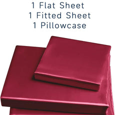 Satin Sheets Twin Size - 3 Pieces Luxury Silky Soft Bed Sheets for Kids, Wrinkle-Free Burgundy Satin Silk Sheet Set with 1 Deep Pocket Fitted Sheet, 1 Flat Sheet, 1 Pillow case