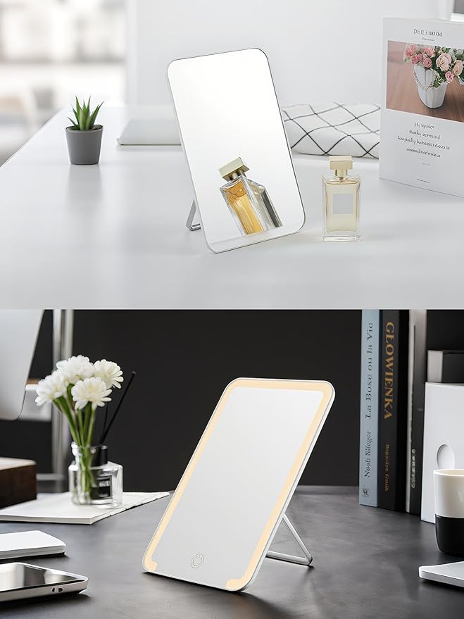OMIRO Desk Makeup Mirror, 8 x 5 inches Table Mirror with Foldable Stand and Hanging Hole for Shaving and Travelling, Pink